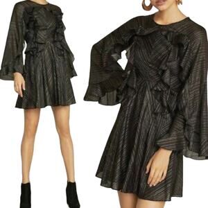 BCBGMAXAZRIA Ruffled Fit & Flare Mini Dress Metallic Lurex Stripe Black NEW XXS